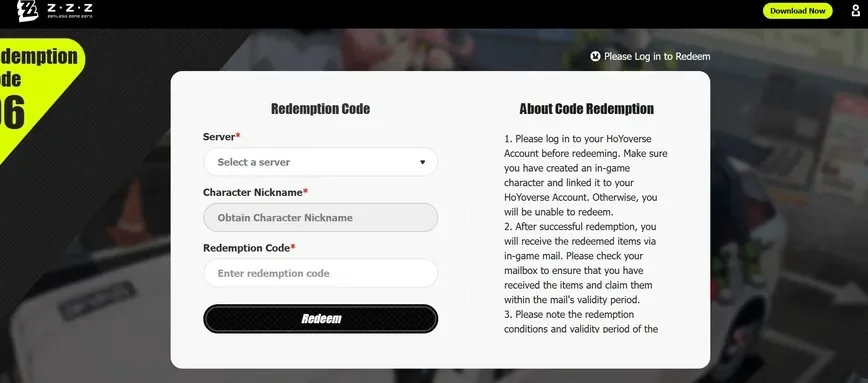 Redeem Code in Official Website