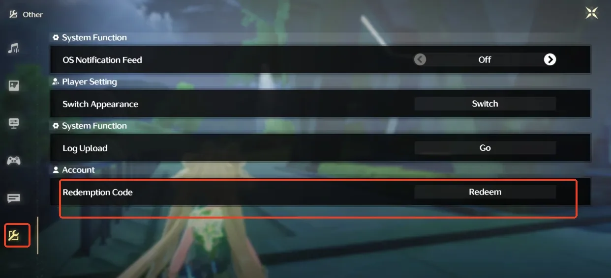 Step 4 : Press the Redeem button next to the Redemption Code under Account.